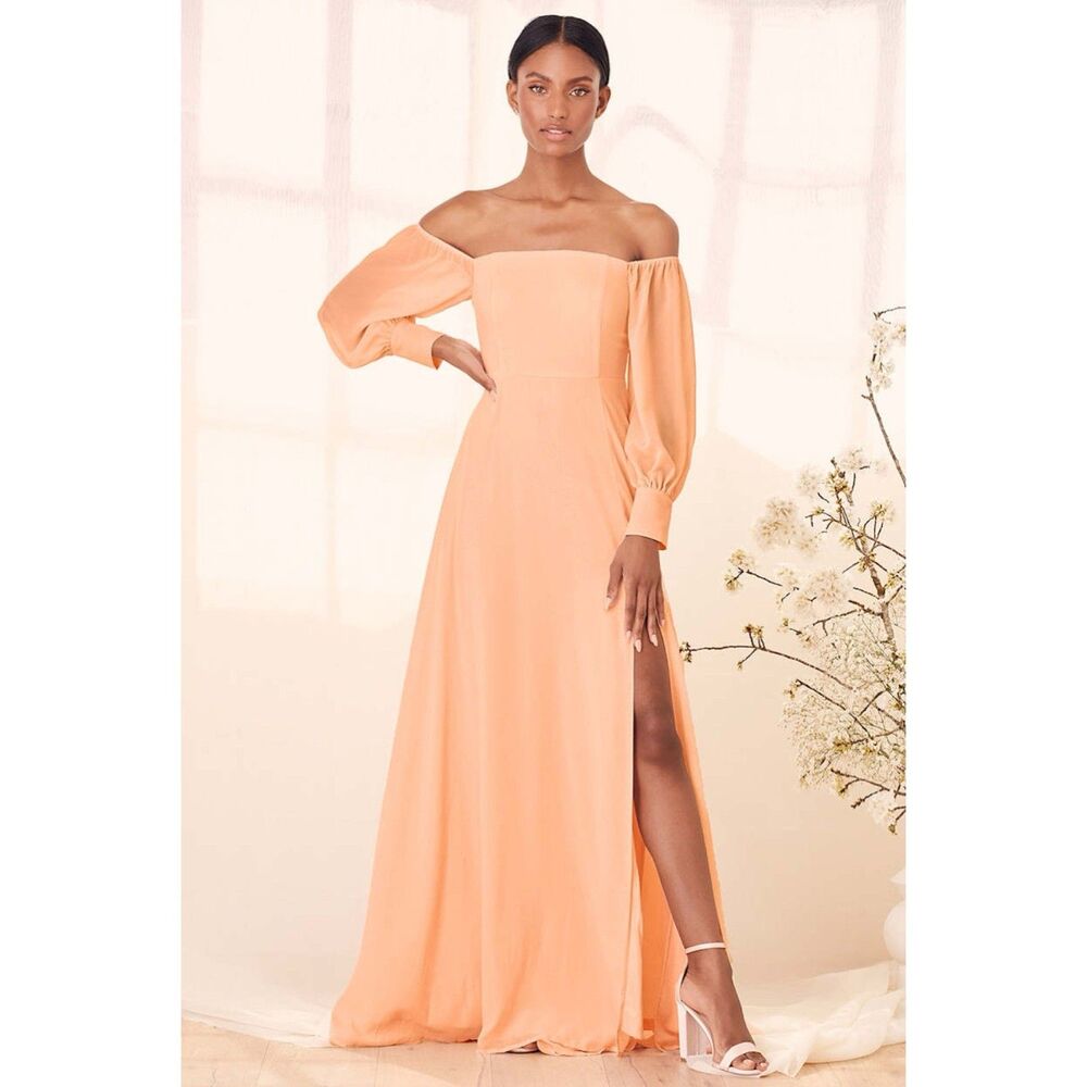Lulus Feel The Romance Peach Off The Shoulder Chiffon Maxi Dress Women S NWT